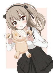 Rule 34 | 1girl, absurdres, bandages, beige background, black ribbon, black skirt, boko (girls und panzer), brown eyes, casual, closed mouth, collared shirt, commentary, dutch angle, girls und panzer, hair ribbon, high-waist skirt, highres, holding, holding stuffed toy, layered skirt, light brown hair, long hair, long sleeves, looking at viewer, medium skirt, motion lines, one-hour drawing challenge, one side up, outside border, ribbon, shimada arisu, shirt, skirt, smile, solo, standing, stuffed animal, stuffed toy, suspender skirt, suspenders, teddy bear, v-shaped eyebrows, white shirt, yuuki koutarou