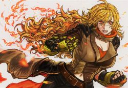 Rule 34 | 1girl, belt, blonde hair, breasts, brown jacket, buckle, cleavage, drill (emilio), ember celica (rwby), fingerless gloves, gloves, jacket, large breasts, long hair, neck ribbon, prosthesis, prosthetic arm, red eyes, ribbon, rwby, waist cape, yang xiao long