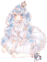 Rule 34 | 1girl, :o, ahoge, blue eyes, blue hair, corset, crown, dress, frilled crown, frilled dress, frilled sleeves, frilled socks, frills, hair ornament, hatsune miku, highres, long hair, looking at viewer, marker (medium), open mouth, paruno, pom pom (clothes), ribbon, shoes, socks, solo, star (symbol), star hair ornament, traditional media, twintails, v arms, vocaloid, white background, white corset, white dress, white ribbon