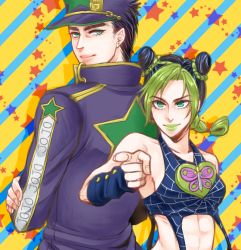 Rule 34 | abs, aqua eyes, back-to-back, black hair, braid, crossed arms, double bun, earrings, father and daughter, green eyes, green hair, green lips, halterneck, halterneck, hat, jewelry, jojo no kimyou na bouken, kuujou jolyne, kuujou joutarou, lipstick, makeup, pointing, pointing at viewer, ricklank 01, single braid, smile, star (symbol), starry background, striped, striped background, wristband