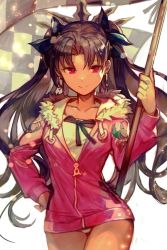 Rule 34 | 1girl, black hair, black ribbon, breasts, checkered flag, collarbone, earrings, fate/grand order, fate (series), flag, fur-trimmed jacket, fur trim, hair ribbon, hand on own hip, hip focus, hood, hoodie, hoop earrings, hungry clicker, ishtar (fate), ishtar (swimsuit rider) (fate), jacket, jewelry, long hair, looking at viewer, medium breasts, one-piece swimsuit, parted bangs, pink jacket, red eyes, ribbon, simple background, smile, solo, standing, swimsuit, swimsuit under clothes, tiara, tohsaka rin, two side up, white background, white one-piece swimsuit