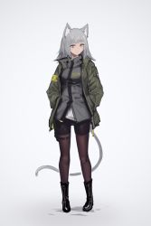Rule 34 | 1girl, animal ears, cat ears, cat tail, commentary, deel (rkeg), full body, grey eyes, grey hair, hands in pockets, highres, jacket, original, pantyhose, pantyhose under shorts, shorts, solo, standing, tail