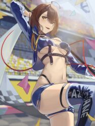 Rule 34 | 1girl, ahoge, aiguillette, arm up, ass, azur lane, baltimore (azur lane), baltimore (finish line flagbearer) (azur lane), bikini, black bikini, blue bikini, blue footwear, blue jacket, blue shorts, blue sleeves, braid, breasts, brown hair, chest harness, choker, cleavage, commentary, cowboy shot, cropped jacket, detached sleeves, flag, french braid, groin, hair between eyes, harness, highleg, highleg bikini, highres, holding, holding pole, jacket, looking at viewer, medium breasts, micro shorts, mismatched bikini, momo (2240807), navel, no headwear, official alternate costume, open clothes, open jacket, open mouth, pole, race queen, short hair, shorts, sidelocks, single bare shoulder, single sleeve, skindentation, smile, solo, standing, standing on one leg, stomach, swimsuit, thigh strap, underboob, underbust, yellow eyes