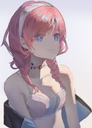 Rule 34 | 1girl, absurdres, arknights, bare shoulders, blue eyes, blue poison (arknights), blue poison (shoal beat) (arknights), braid, choker, commentary, crop top, hairband, highres, long hair, midriff, off shoulder, official alternate costume, pink choker, pink hair, solo, sports bra, stomach, twin braids, upper body, xiandai quanru