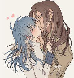 Rule 34 | 2boys, androgynous, blue hair, braid, brown hair, dramatical murder, eye contact, face-to-face, feathers, from side, hair between eyes, half-closed eyes, hand on another&#039;s chest, hand on another&#039;s chin, hand up, heart, highres, kiss, long hair, long sleeves, looking at another, male focus, meremero, mink (dramatical murder), multiple boys, open mouth, profile, seragaki aoba, simple background, upper body, wavy hair, yaoi, yellow eyes