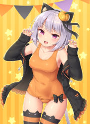 Rule 34 | 1girl, :d, animal ear legwear, animal ears, bare shoulders, black jacket, cat ear legwear, cat ears, cat tail, claw pose, collarbone, commentary, cowboy shot, fake animal ears, food-themed hair ornament, grey hair, hair ornament, hairband, halloween, highres, jacket, looking at viewer, nail polish, off shoulder, one-piece swimsuit, open clothes, open jacket, open mouth, orange background, orange one-piece swimsuit, original, pumpkin hair ornament, purple eyes, purple nails, sasaame, short sleeves, simple background, smile, solo, star (symbol), striped clothes, striped thighhighs, swimsuit, swimsuit under clothes, tail, thigh gap, thighhighs