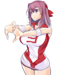 Rule 34 | 1girl, breasts, brown eyes, brown hair, commentary, cowboy shot, elbow pads, girls und panzer, headband, highres, interlocked fingers, kondou taeko, large breasts, looking at viewer, medium hair, nabeyu, open mouth, own hands together, red headband, red shirt, red shorts, shirt, short shorts, shorts, sleeveless, sleeveless shirt, solo, sportswear, standing, stretching, volleyball uniform
