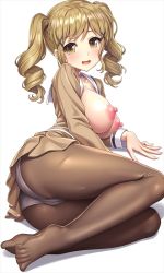 Rule 34 | 1girl, :d, bang dream!, blush, breasts, breasts out, brown eyes, brown hair, brown pantyhose, cameltoe, cleft of venus, drill hair, drill sidelocks, feet, full body, hair ornament, hanasakigawa school uniform, ichigaya arisa, jacket, lambda (kusowarota), large breasts, long sleeves, looking at viewer, lying, medium hair, nipples, no shoes, on side, open clothes, open jacket, open mouth, panties, panties under pantyhose, pantyhose, school uniform, shiny skin, sidelocks, simple background, smile, solo, spread toes, thighs, toes, twintails, underwear, white background, x hair ornament