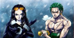 Rule 34 | 1boy, 1girl, black hair, closed mouth, earrings, green hair, highres, houssem luffy, jewelry, long hair, looking at viewer, nico robin, one piece, roronoa zoro, short hair, sunglasses on head