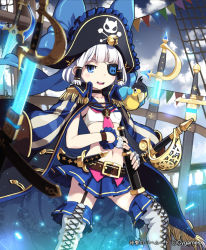 Rule 34 | 10s, 1girl, bad id, bad pixiv id, bird, blue eyes, blush stickers, boots, choker, corsair angelica, cygames, eyepatch, fingerless gloves, garter straps, gloves, hair tubes, hat, len (a-7), looking at viewer, midriff, navel, parrot, pirate, pirate hat, shingeki no bahamut, short hair, skirt, smile, solo, sword, telescope, thigh boots, thighhighs, weapon, white hair