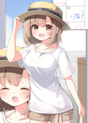 Rule 34 | 1girl, :d, ^ ^, arm up, arrow (symbol), blush, braid, breasts, brown eyes, brown hair, brown headwear, brown shorts, calendar (object), childhood friend (ominaeshi), closed eyes, collarbone, commentary request, closed eyes, facing viewer, hair ornament, hairclip, hand on headwear, highres, looking at viewer, medium breasts, multiple views, ominaeshi (takenoko), open mouth, original, shirt, short shorts, short sleeves, shorts, smile, sparkle, translation request, white shirt