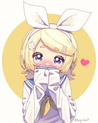 Rule 34 | 1girl, aegissanp, blonde hair, blue eyes, blush, bow, circle, commentary, covered mouth, embarrassed, english commentary, flipped hair, hair bow, hair ornament, hair ribbon, hairclip, hands over own mouth, heart, highres, kagamine rin, long sleeves, looking at viewer, milestone celebration, neckerchief, noise, nose blush, ribbon, sailor collar, short hair, sleeves past wrists, solo, swept bangs, upper body, vocaloid, white background, yellow neckerchief