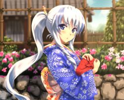 Rule 34 | 1girl, alternate costume, alternate hairstyle, blush, commentary request, hair ornament, hair stick, highres, japanese clothes, kamishirasawa keine, kezune (i- -i), kimono, long hair, long sleeves, looking at viewer, ponytail, silver hair, solo, touhou, very long hair