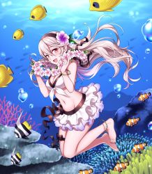 Rule 34 | 1girl, barefoot, bikini, black hairband, breasts, bubble, cleavage, corrin (female) (fire emblem), corrin (female) (summer) (fire emblem), corrin (fire emblem), fire emblem, fire emblem fates, fire emblem heroes, fish, flower, hair flower, hair ornament, hairband, highres, hiyori (rindou66), long hair, nintendo, official alternate costume, open mouth, red eyes, solo, swimsuit, underwater, white hair, wreath