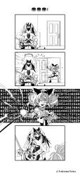Rule 34 | 2girls, 4koma, ahoge, blush stickers, bow, breasts, chain, chain headband, clothing cutout, comic, commentary, confetti, detached sleeves, double bun, emphasis lines, flat chest, greyscale, hair bow, hair bun, heterochromia, highres, hololive, hololive english, hololive indonesia, kureiji ollie, large breasts, mismatched pupils, monochrome, motion lines, multicolored hair, multiple girls, ouro kronii, party popper, patchwork skin, pi (math), silent comic, stitched face, stitches, surprised, symbol-only commentary, taka t, twitter username, two-tone hair, underboob, underboob cutout, veil, virtual youtuber, zombie