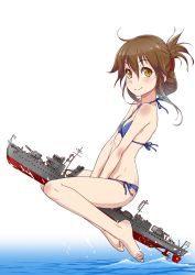 Rule 34 | 10s, 1girl, bare legs, bare shoulders, barefoot, bikini, brown hair, feet, flat chest, folded ponytail, inazuma (destroyer), inazuma (kancolle), kantai collection, long hair, looking at viewer, mujuuryoku kantai, name connection, navel, side-tie bikini bottom, sitting, smile, solo, swimsuit, water, yellow eyes