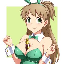 Rule 34 | 10s, 1girl, animal ears, between breasts, bottle, bow, bowtie, breasts, brown hair, cleavage, detached collar, energy drink, fake animal ears, green bow, green bowtie, green eyes, green leotard, idolmaster, idolmaster cinderella girls, large breasts, leotard, long hair, looking at viewer, makihara shiho, pataneet, playboy bunny, rabbit ears, side ponytail, solo, upper body, wrist cuffs