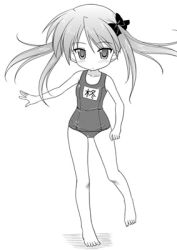 Rule 34 | 00s, 1girl, barefoot, greyscale, hiiragi kagami, lowres, lucky star, masakichi (crossroad), monochrome, one-piece swimsuit, school swimsuit, sketch, solo, swimsuit