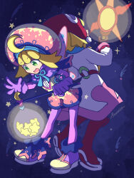 Rule 34 | 2girls, amitie (puyopuyo), blonde hair, dual persona, full body, gloves, green eyes, highres, holding, holding staff, multiple girls, open mouth, puyopuyo, red amitie, short hair, soumatou 169, staff, star (symbol)