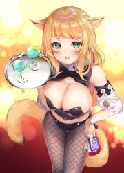 Rule 34 | 1girl, animal ears, backlighting, bare shoulders, between fingers, black bow, black bowtie, black pantyhose, blonde hair, blurry, bow, bowtie, breasts, card, cat ears, cat tail, cleavage, cup, detached sleeves, drink, drinking glass, facial mark, fake tail, fang, final fantasy, final fantasy xiv, fishnet pantyhose, fishnets, green eyes, holding, holding tray, large breasts, leaning forward, long hair, looking at viewer, miqo&#039;te, pantyhose, parted lips, pico (p i c o), playing card, rabbit tail, short sleeves, skin fang, skindentation, smile, solo, strapless, tail, tray, warrior of light (ff14), whisker markings
