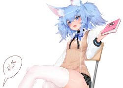 Rule 34 | 1girl, animal ear fluff, animal ears, bad id, bad pixiv id, black skirt, blue bow, blue eyes, blue hair, blush, book, bow, breasts, chair, crossed legs, dokomon, fang, feet out of frame, girls&#039; frontline, hair between eyes, hair ornament, highres, holding, holding book, long sleeves, official alternate costume, on chair, open mouth, pa-15 (girls&#039; frontline), pa-15 (high school thrills) (girls&#039; frontline), pleated skirt, shirt, simple background, sitting, skindentation, skirt, small breasts, solo, spoken blush, spoken expression, sweat, sweater vest, thighhighs, wavy mouth, white background, white shirt, white thighhighs