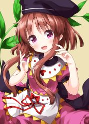 Rule 34 | 1girl, apron, black hat, blush, bow, brown hair, dress, hat, highres, looking at viewer, myouga (plant), nishida satono, open mouth, puffy short sleeves, puffy sleeves, purple dress, purple eyes, red bow, ruu (tksymkw), short hair with long locks, short sleeves, smile, solo, touhou, upper body, waist apron, white apron