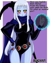 Rule 34 | 1girl, abstract background, absurdres, belt, black leotard, black sclera, blue skin, blush, breasts, cloak, colored sclera, colored skin, cosplay, dc comics, dullahan, energy ball, hand on own hip, highres, lala (monster musume), large breasts, leotard, long hair, monster girl, monster musume no iru nichijou, rachel roth, raven (dc), scythe, shiny skin, silver hair, solo, teen titans, thighs, wrist cuffs, yellow eyes