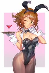 Rule 34 | 10s, 1girl, animal ears, bare shoulders, black bow, black bowtie, black leotard, bow, bowtie, breasts, brown hair, brown pantyhose, cleavage, cowboy shot, cup, detached collar, drinking glass, fake animal ears, gloves, green eyes, kantai collection, leotard, looking at viewer, matsuda (matsukichi), medium breasts, mutsu (kancolle), one eye closed, pantyhose, playboy bunny, rabbit ears, short hair, smile, solo, strapless, strapless leotard, tray, vest, wavy hair, white gloves, white vest, wine glass, wrist cuffs