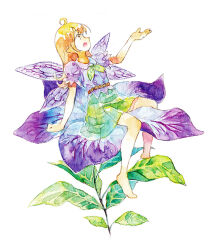Rule 34 | 1girl, :d, ahoge, bare arms, bare legs, barefoot, blonde hair, commentary request, fairy, flower, full body, green skirt, hand up, leaf, long hair, moekon, open mouth, original, painting (medium), profile, purple flower, purple shirt, shirt, simple background, sitting, skirt, smile, traditional media, watercolor (medium), white background