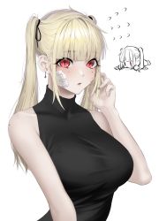 Rule 34 | 1girl, absurdres, bad id, bad twitter id, black shirt, blonde hair, blush, breasts, hand up, highres, large breasts, long hair, mole, mole on shoulder, mole under eye, norunollu, original, red eyes, shirt, simple background, sleeveless, sleeveless shirt, slit pupils, solo, twintails, upper body, white background