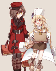 Rule 34 | 2girls, :d, absurdres, bag, black neckwear, blonde hair, blush, boots, box, brown background, brown footwear, brown gloves, brown hair, brown legwear, brown skirt, cardboard box, coat, collared shirt, commentary request, eye contact, female commander (girls&#039; frontline), fingerless gloves, flat cap, fur hat, girls&#039; frontline, gloves, griffin &amp; kryuger military uniform, hair between eyes, hair ornament, hairclip, hat, highres, holding, holding bag, holding box, jacket, jacket on shoulders, knee boots, long hair, long sleeves, looking at another, looking to the side, matsuo (matuonoie), multiple girls, nagant revolver (girls&#039; frontline), necktie, open mouth, pantyhose, red coat, red eyes, red headwear, shirt, sideways hat, simple background, skirt, smile, socks, white gloves, white headwear, white jacket, white shirt, yellow eyes