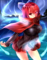 Rule 34 | 1girl, bad id, bad pixiv id, bow, breasts, cape, covered mouth, female focus, fujimori tonkatsu, glowing, glowing eye, hair bow, hair ribbon, highres, hitodama, large breasts, looking at viewer, red eyes, red hair, ribbon, sekibanki, skirt, smile, solo, touhou