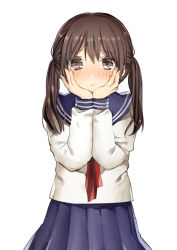 Rule 34 | 1girl, bad id, bad pixiv id, blue skirt, blush, brown eyes, brown hair, hair between eyes, hands on own chest, kurata rine, long hair, long sleeves, looking at viewer, nose blush, original, pleated skirt, simple background, skirt, solo, tareme, twintails, upper body, white background