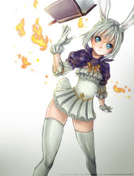 Rule 34 | 1girl, animal ears, arm up, artist name, blue eyes, book, dress, einnn, elin, fire, gloves, highres, magic, outstretched arm, pleated dress, rabbit ears, rabbit tail, short dress, short hair, silver hair, solo, tail, tera online, thighhighs, watermark, white dress, white gloves, white thighhighs, zettai ryouiki