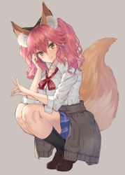 Rule 34 | 10s, 1girl, animal ear fluff, animal ears, black socks, bow, bowtie, brown footwear, cosplay, fate/extella, fate/extra, fate (series), fox ears, fox shadow puppet, fox tail, full body, highres, jougasaki mika (cosplay), kanikou, kneehighs, loafers, long hair, looking at viewer, official alternate costume, pink hair, red bow, red bowtie, shirt, shoes, smile, socks, solo, squatting, sweater, tail, tamamo (fate), tamamo no mae (fate/extra), tamamo no mae (jk) (fate), tiptoes, white shirt, yellow eyes
