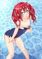 Rule 34 | 10s, 1girl, absurdres, aqua eyes, ass, bad hands, bare shoulders, blush, bow, breasts, cleavage, cleavage reach, clothes pull, downblouse, hair bow, hand on leg, highres, kurosawa ruby, leaning forward, long hair, looking at viewer, love live!, love live! sunshine!!, miyuki (yxbt7), one-piece swimsuit, one-piece swimsuit pull, open mouth, red hair, small breasts, smile, solo, standing, striped, striped bow, swimsuit, twintails, water