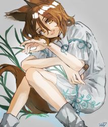 Rule 34 | 1girl, animal ears, breasts, brown eyes, brown hair, brown tail, commentary request, corked bottle, foot out of frame, fox ears, fox girl, fox tail, grass, green ribbon, grey background, highres, holding, holding test tube, kudamaki tsukasa, mandarin collar, nanataru10, ribbon, romper, short hair, short sleeves, simple background, sitting, small breasts, socks, solo, tail, test tube, touhou, white romper, white socks