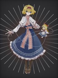 Rule 34 | 1girl, :o, alice margatroid, apron, black eyes, blonde hair, blue dress, blue eyes, boots, bow, bowtie, brown footwear, capelet, commentary, cross-laced footwear, doll, dress, emphasis lines, frilled dress, frilled sleeves, frills, full body, grey background, hair between eyes, hair bow, hairband, highres, lace, lace-trimmed capelet, lace-trimmed dress, lace-trimmed hairband, lace trim, long hair, long sleeves, looking at viewer, open mouth, red bow, red bowtie, red hairband, red ribbon, red scarf, ribbon, scarf, shanghai doll, short hair, simple background, solo, standing, string, sugasa, touhou, waist apron, white capelet, white sleeves