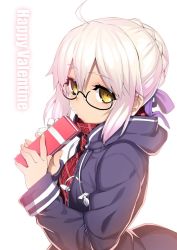 Rule 34 | 1girl, ahoge, artoria pendragon (fate), black-framed eyewear, blush, braid, braided bun, closed mouth, fate/grand order, fate (series), from side, gift, glasses, hair bun, hair ribbon, holding, holding gift, hood, hood down, jacket, long sleeves, looking at viewer, looking to the side, mysterious heroine x alter (fate), mysterious heroine x alter (first ascension) (fate), namonashi, purple ribbon, ribbon, ringed eyes, solo, yellow eyes