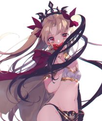 Rule 34 | 1girl, armlet, bare shoulders, bikini, black bikini, black hair, blonde hair, breasts, cape, cleavage, cosplay, cowboy shot, detached sleeves, ereshkigal (fate), fate/grand order, fate (series), flower, highres, holding, holding flower, ishtar (fate), ishtar (fate) (cosplay), long sleeves, looking at viewer, mei (maple 152), mismatched bikini, multicolored hair, navel, parted bangs, red cape, red flower, simple background, single detached sleeve, small breasts, solo, split theme, stomach, strapless, strapless bikini, swimsuit, tiara, two-tone hair, white background, white bikini