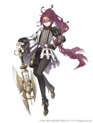 1girl, :d, absurdres, asymmetrical sleeves, blue eyes, canister, crossdressing, dorothy (sinoalice), eyebrows visible through hair, full body, gauntlets, glasses, gold trim, hair ornament, hairclip, hand on hip, highres, ji no, long hair, looking at viewer, messy hair, official art, open mouth, over-rim eyewear, pants, ponytail, purple hair, reverse trap, semi-rimless eyewear, single gauntlet, sinoalice, smile, solo, square enix, syringe, thigh strap, very long hair, weapon, white background