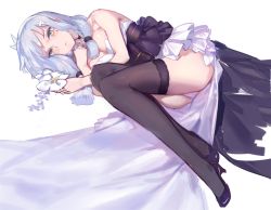 Rule 34 | 1girl, bare shoulders, black footwear, black thighhighs, blue hair, blush, breasts, choker, cleavage, dress, full body, gen (bividgen), girls&#039; frontline, green eyes, hair ornament, hairband, hk416 (girls&#039; frontline), hk416 (starry cocoon) (girls&#039; frontline), long hair, looking at viewer, low twintails, lying, medium breasts, official alternate costume, on side, panties, pout, sash, shoes, silver hair, solo, strapless, teardrop, thighhighs, twintails, underwear, white dress, white panties