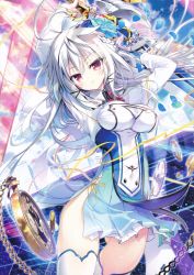 Rule 34 | 1girl, absurdres, arms up, bare hips, blue flower, breasts, chain, clock, covered navel, flower, hair flower, hair ornament, highres, holding, holding sword, holding weapon, izure shinwa no houkago sensou, large breasts, long hair, looking at viewer, petals, purple eyes, silver hair, solo, sword, thighhighs, weapon, white thighhighs, youta