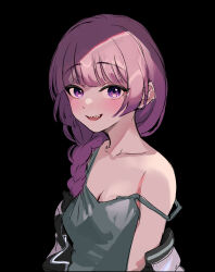 Rule 34 | 1girl, absurdres, black background, bocchi the rock!, braid, collarbone, dress, green dress, hair over shoulder, highres, hiroi kikuri, jacket, kurokin, long hair, looking at viewer, multicolored clothes, multicolored jacket, open mouth, purple eyes, purple hair, simple background, single braid, sketch, smile, solo, two-tone jacket, upper body