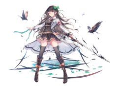 Rule 34 | 1girl, aqua eyes, aqua ribbon, arm belt, belt, belt buckle, bird, black footwear, black hair, black skirt, black thighhighs, boots, bow, buckle, closed mouth, coat, commentary request, cross-laced footwear, crow, feathers, full body, fuuro (johnsonwade), green bow, hair bow, holding, holding sword, holding weapon, knee boots, legs apart, long hair, long sleeves, looking at viewer, medium hair, multicolored hair, open clothes, open coat, orange bow, original, outstretched arms, ribbon, simple background, skirt, solo, standing, streaked hair, sword, thighhighs, underbust, very long hair, weapon, white background, white hair, zettai ryouiki