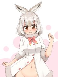 Rule 34 | 1girl, absurdres, animal ears, bow, bowtie, brown eyes, coat, commentary request, fur-trimmed sleeves, fur collar, fur trim, grey hair, groin, hair between eyes, highres, kemono friends, medium hair, mountain hare (kemono friends), navel, open clothes, open coat, out-of-frame censoring, partially unbuttoned, pink bow, pink bowtie, rabbit ears, shiraha maru, simple background, smile, solo, white background