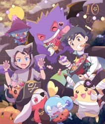 Rule 34 | 2boys, ash ketchum, black cape, black hair, blue eyes, bracelet, brown eyes, brown hair, candy, cape, claw pose, clenched teeth, commentary, creatures (company), fangs, food, galarian form, galarian yamask, game freak, gen 1 pokemon, gen 2 pokemon, gen 6 pokemon, gen 8 pokemon, gengar, goh (pokemon), halloween, hand up, highres, holding, hood, hood up, jack-o&#039;-lantern, jewelry, male focus, mei (maysroom), misdreavus, mouth hold, multiple boys, nintendo, open mouth, phantump, pikachu, pokemon, pokemon (anime), pokemon (creature), pokemon journeys, raboot, ribbon, sobble, teeth, tongue