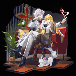 Rule 34 | 1boy, 1girl, absurdres, blonde hair, breasts, closed eyes, coffee mug, commentary, couch, cup, earrings, fate/grand order, fate (series), flower, formal, fou (fate), full body, gem, genderswap, genderswap (mtf), gilgamesh, gilgamesh-ko, gilgamesh (caster) (fate), gilgamesh (fate), hair between eyes, heart, high heels, highres, holding, holding cup, holding stylus, jacket, jewelry, k7 (kk7 000), long hair, long skirt, long sleeves, magic, medium breasts, merlin (fate), mug, necktie, open mouth, pants, pillow, plant, red eyes, rose, silver hair, sitting, skirt, stylus, suit, sweater, symbol-only commentary, tablet pc, tongue, very long hair, white flower, white rose
