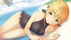 Rule 34 | 1girl, artoria pendragon (all), artoria pendragon (alter swimsuit rider) (fate), artoria pendragon (alter swimsuit rider) (first ascension) (fate), artoria pendragon (fate), bare shoulders, beach, black bow, black one-piece swimsuit, blonde hair, bow, braid, collarbone, day, fate (series), forest, gluteal fold, guanghe zuoyong de de yezi, hair bow, highres, looking up, lying, nature, official alternate costume, on side, one-piece swimsuit, palm tree, partially submerged, saber (fate), saber alter, smile, solo, swimsuit, thigh gap, tree, yellow eyes