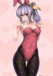 Rule 34 | 1girl, absurdres, alternate costume, animal ears, armpits, bad id, bad pixiv id, bare arms, black pantyhose, blush, bow, bowtie, breasts, covered navel, cowboy shot, detached collar, fake animal ears, gluteal fold, hair ribbon, heart, highleg, highres, kagi f, leotard, light purple hair, long hair, looking at viewer, medium breasts, open mouth, pantyhose, pink background, playboy bunny, ponytail, purple eyes, rabbit ears, ribbon, solo, suggestive fluid, sweatdrop, thigh gap, touhou, watatsuki no yorihime, yellow bow, yellow bowtie